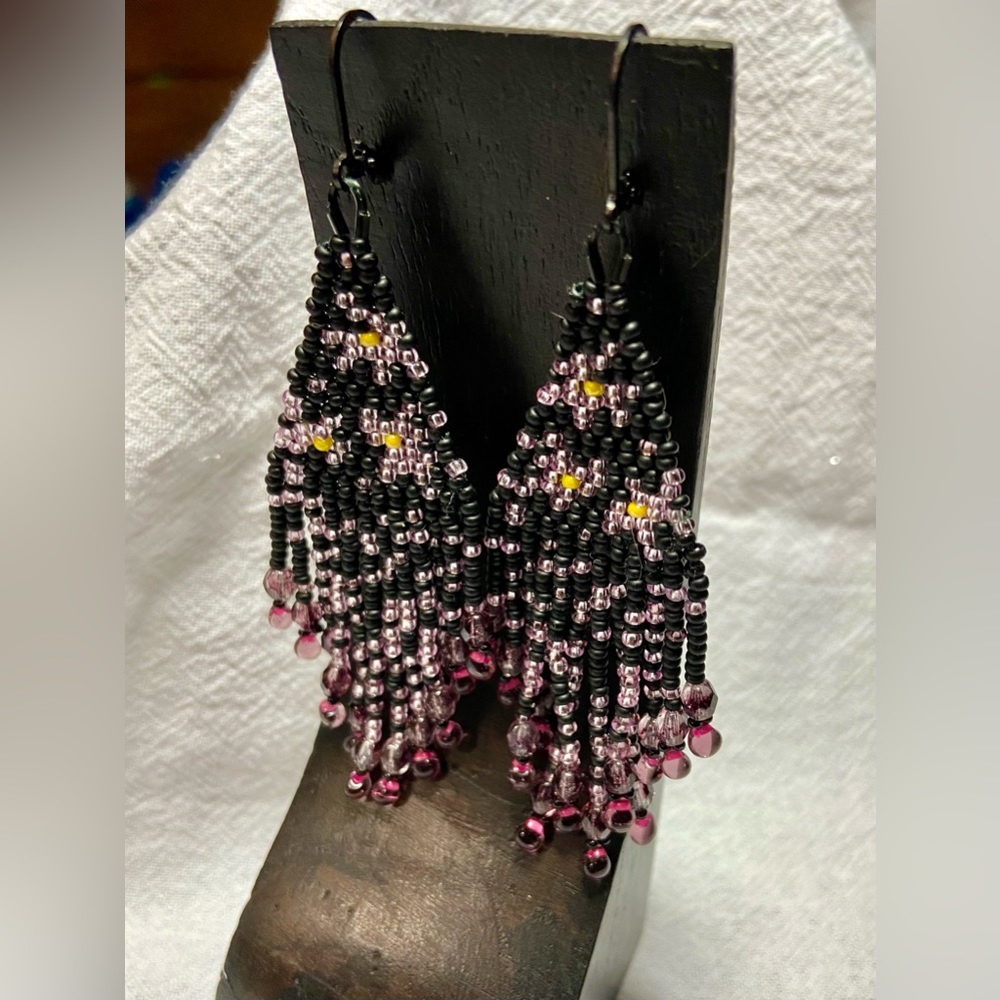 Falling Petals Earrings Hand Crafted Black Pink Purple